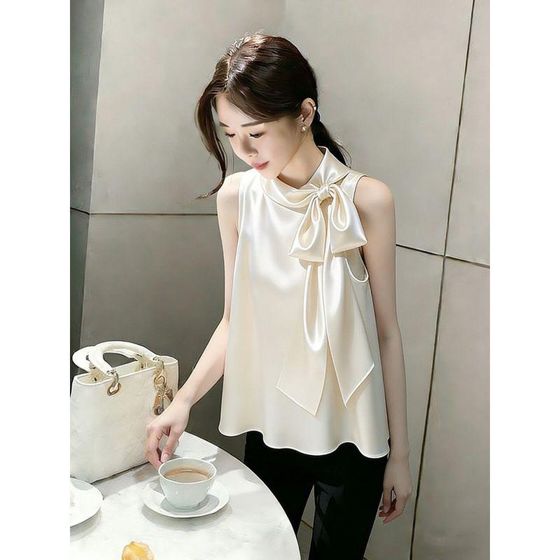 2026 Summer New Style Elegant High-End Champagne Apricot Satin Shirt French Style Sleeveless Top for Important Occasions Champagne Apricot Satin Shirt S