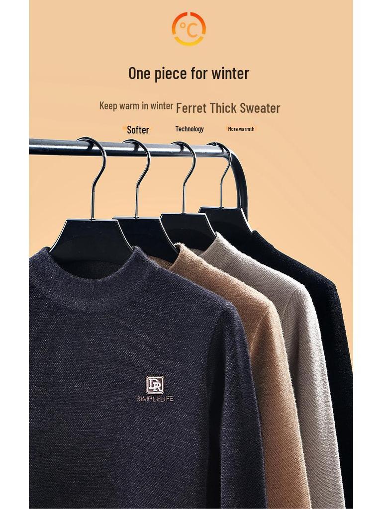 2025 Winter Men's Embroidered Fleece Sweater - Round Neck, Plus Velvet Chenille Knit, Thickened Base Layer Top