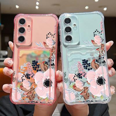 Prachtige Bloemenpatroon Schokbestendig Transparant Hoesje Voor Samsung S24 FE S23 Ultra S22 A16 A15 A55 A35 A54 Transparant Kaartsleuf Zachte Siliconen Telefoonhoes