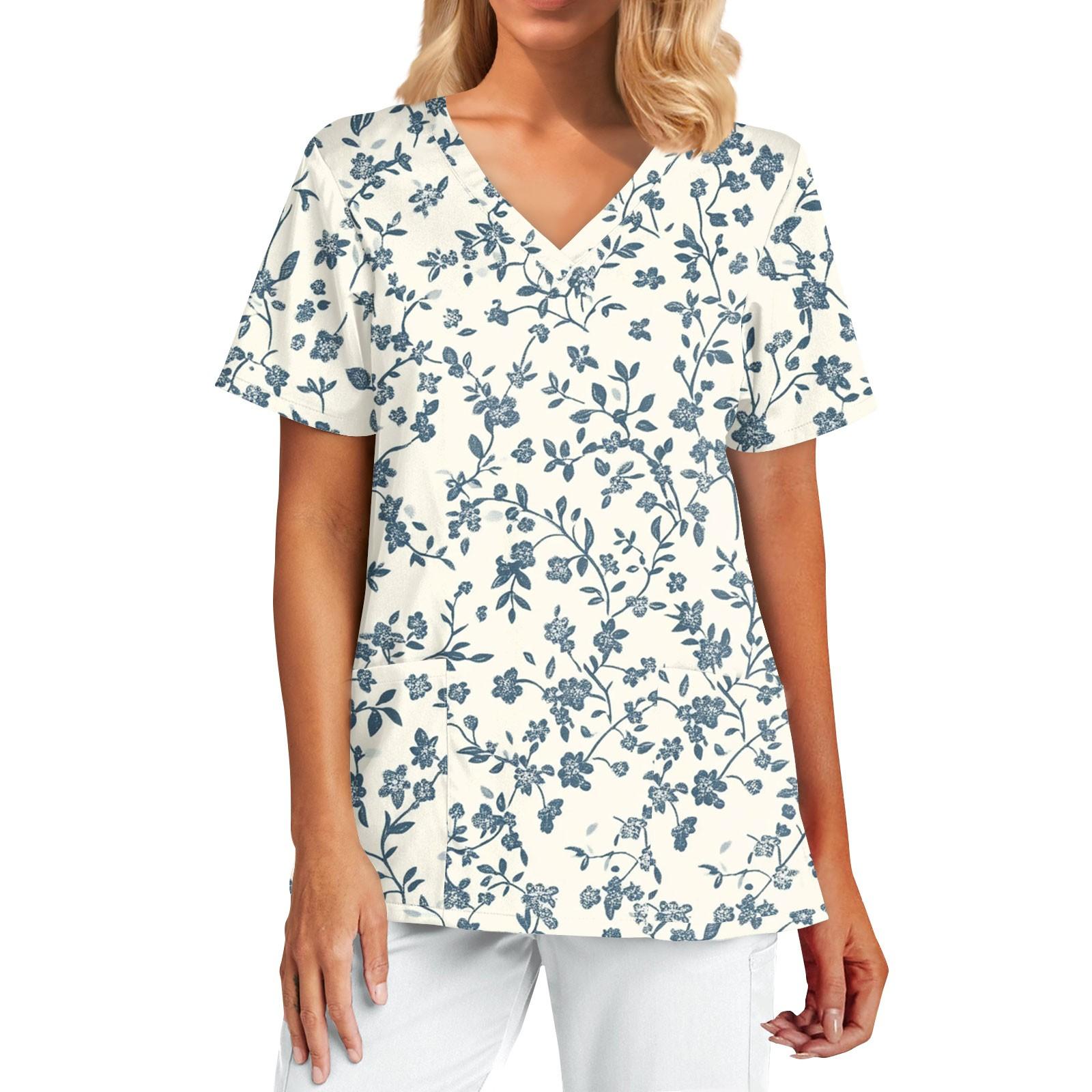 Women s Fashion Print Short Sleeve V Neck Pocket  Top XXL