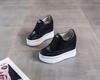 2025 Spring/Autumn Breathable Women's 11cm Height-Increasing Hollow Leather Thick-Soled Casual Black Shoes