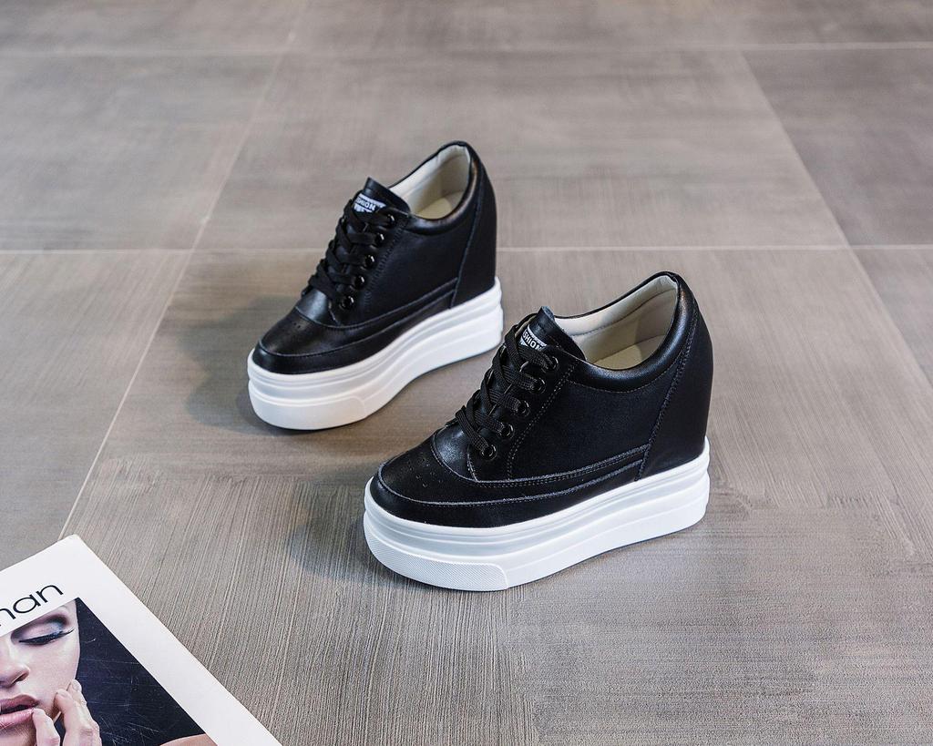 2025 Spring/Autumn Breathable Women's 11cm Height-Increasing Hollow Leather Thick-Soled Casual Black Shoes