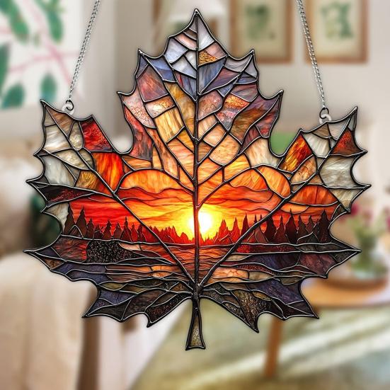 Lønneblad Solfanger Solnedgang Hengende Dekorasjon Farget Glass Stil Akryl Ornament for Soverom Kjøkken Vindu Balkong