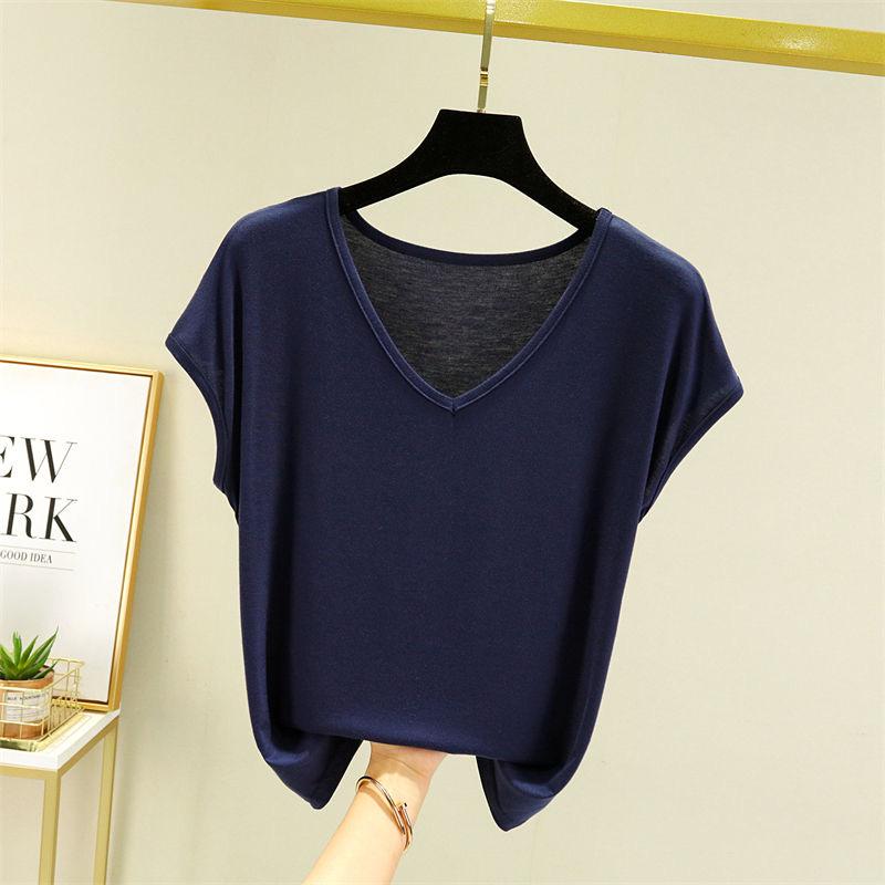 Women Summer Solid V Neck Basic T Shirt Modal Loose Tee Tops Casual Undershirt
