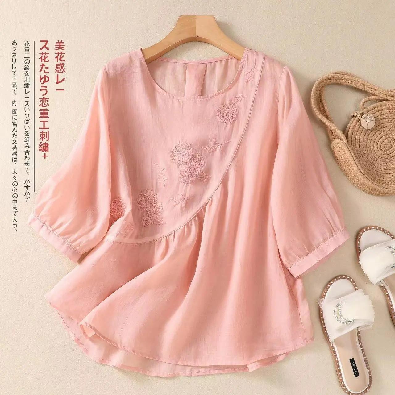 

Spring and summer solid color new literary and retro embroidered cotton and linen women s loose round neck T-shirt top 4XL