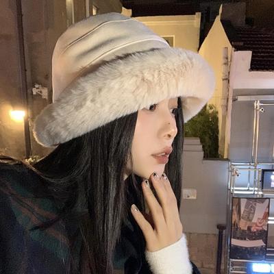Haarige Mütze Damen Winter Saum Eimerhut Warmer Gehörschutz Gestapelt Verdickt Großer Kopfumfang Wildleder Basin Hat