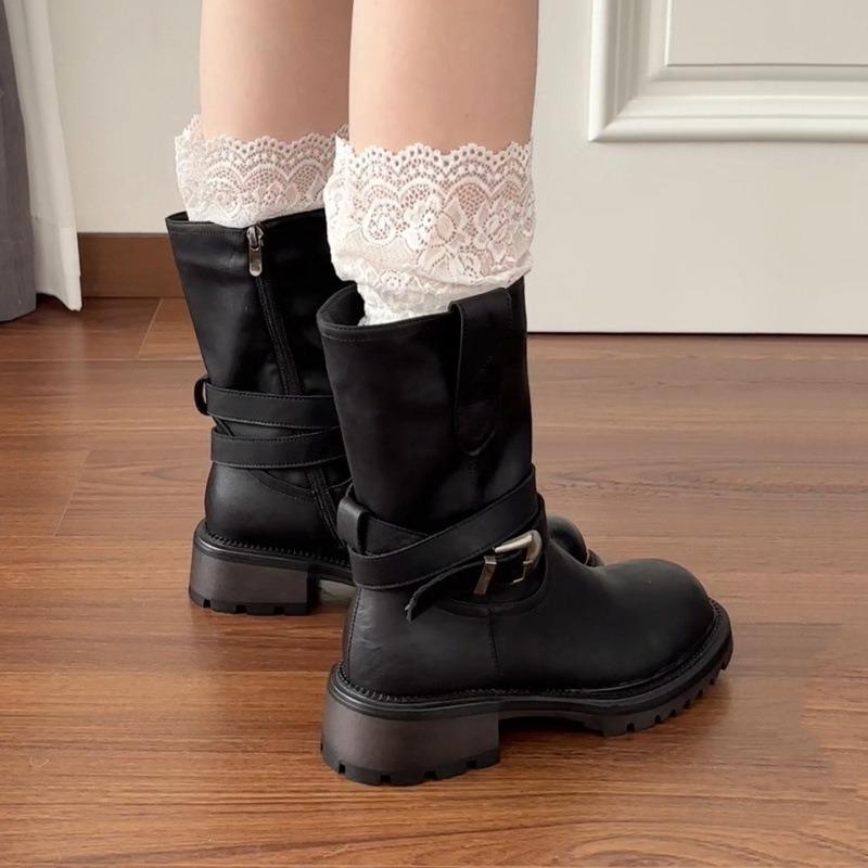 Cowhide Version Wasteland Wind Thick-soled Martin Boots Women's Round Head Autumn and Winter New Knight Boots Retro Belt Buckle Locomotive Short Boots