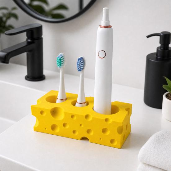 Toothbrush Holder, 3-Hole Partitioned Storage, Creative Cheese Shape Organizer, with Hollow Drainage Structure Stand for Electric Toothbrushes