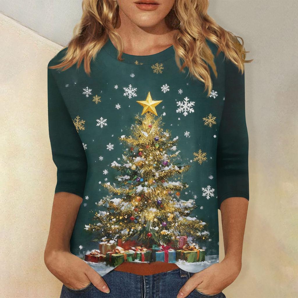 3/4 Sleeve Shirts For Women Print Christmas Tees Blouses Casual Plus Size Basic Tops Pullover