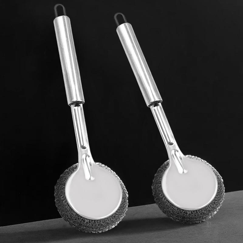 Extended Stainless Steel Pot Brush with Handle Household Long Handle Steel Wire Ball Brush, Kitchen Cleaning Brush Steel Wire  Brush