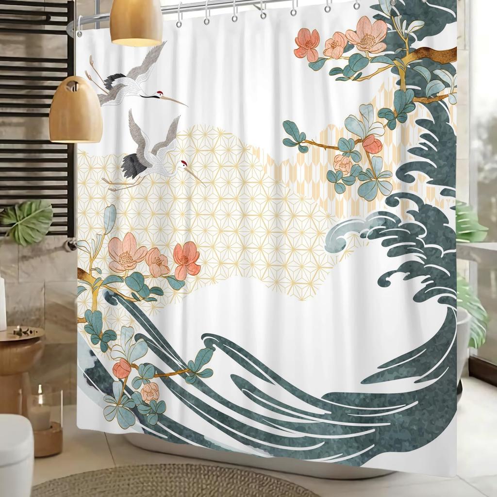 Japanese Style Plum Blossom Flying Crane Wave Pattern Shower Curtain, Washable Bathroom Waterproof Shower Curtain With 12 Hooks