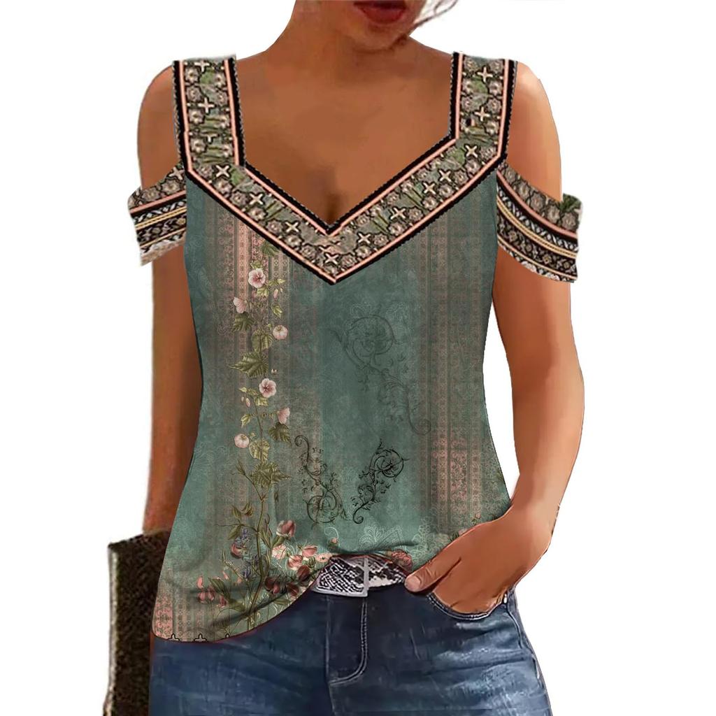 Letnia bluzka damska Bluzka z krótkim rękawem, odkrytymi ramionami, dekoltem w serek, luźna, podstawowa koszulka, swobodny top, koszula