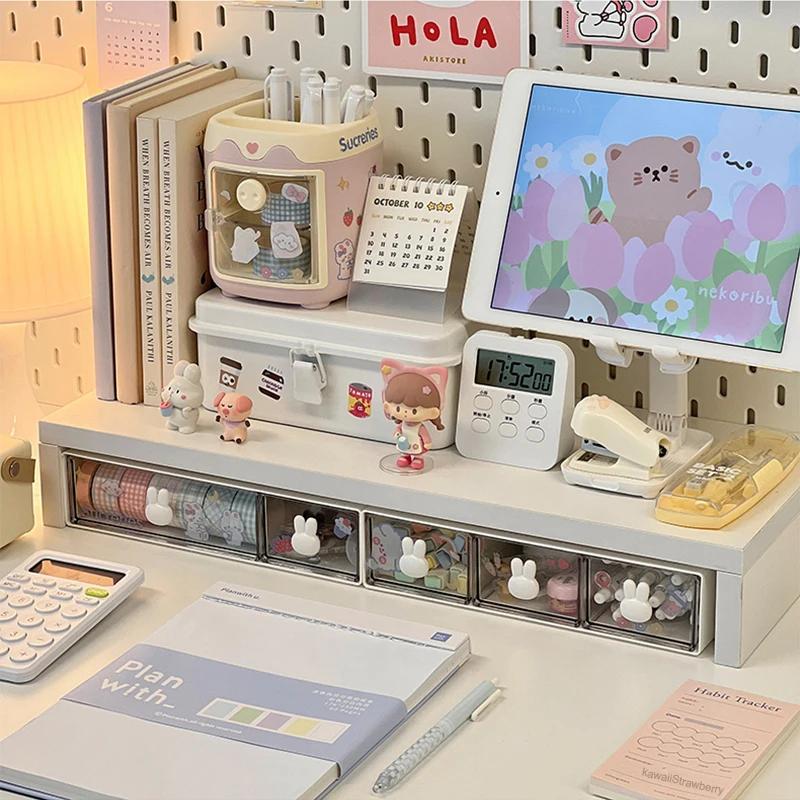 Novo 1PC Organizador de Mesa Gaveta com Adesivo Bonito Plástico Transparente Caixas Organizadoras Caixa de Armazenamento de Papelaria Recipiente