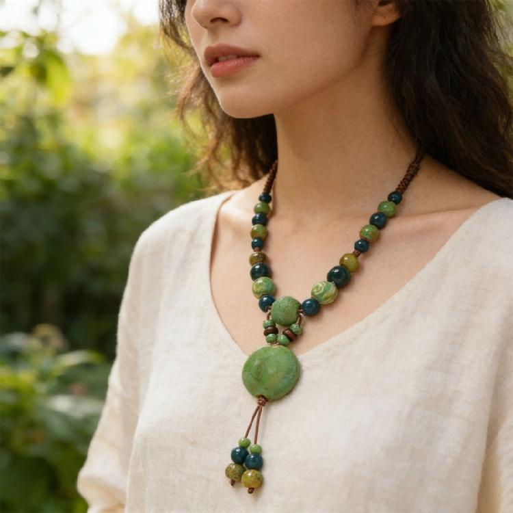 Delicate Ceramic Flower Beaded Necklace Handcrafted Retro Long Sweater Chain For Various Occasions