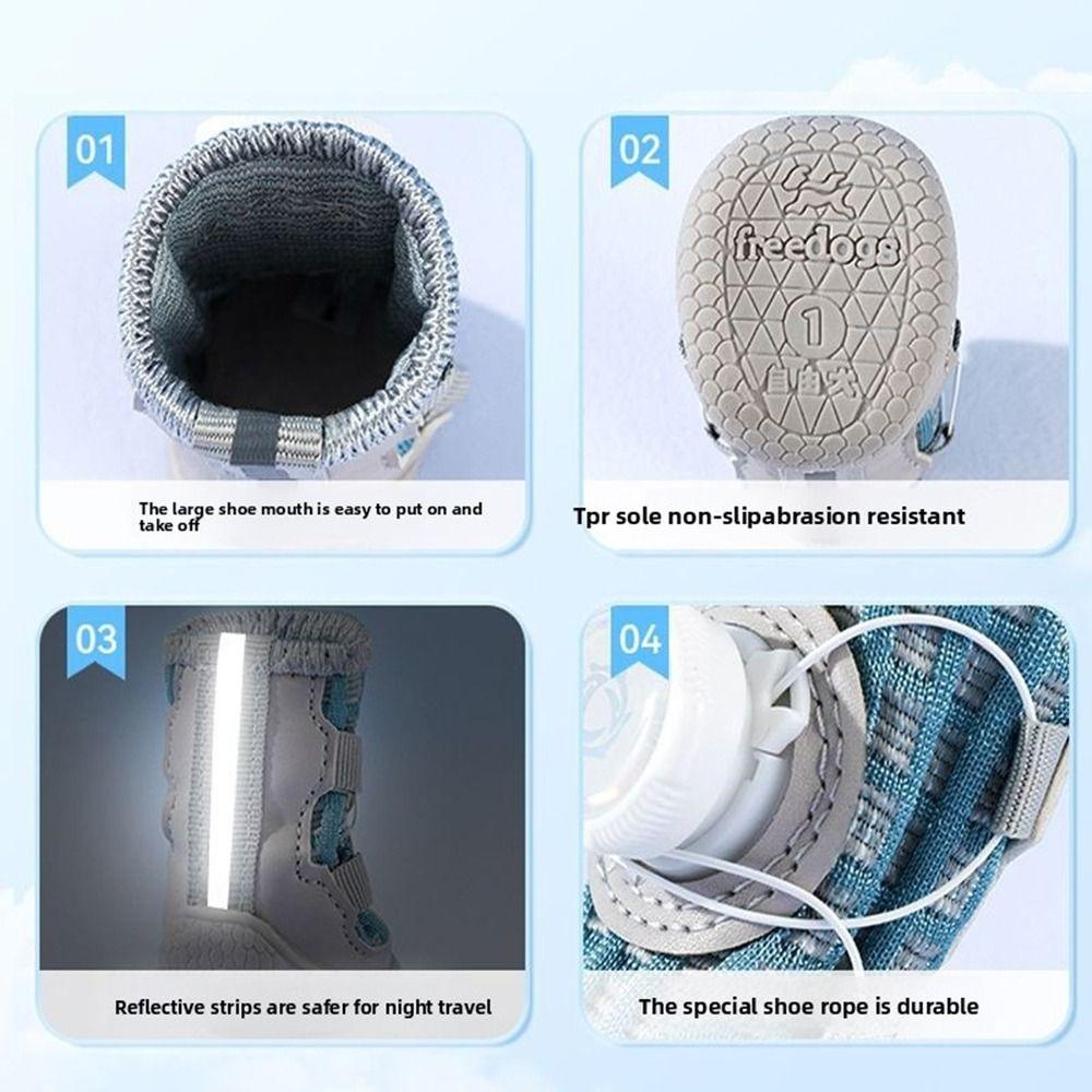 4 Stück/Set Mode Atmungsaktive Knopf Hundeschuhe Reflektierend Rutschfest Hunde Mesh Schuhe Weiche Sohle Bequemes Hundeschuhwerk Outdoor