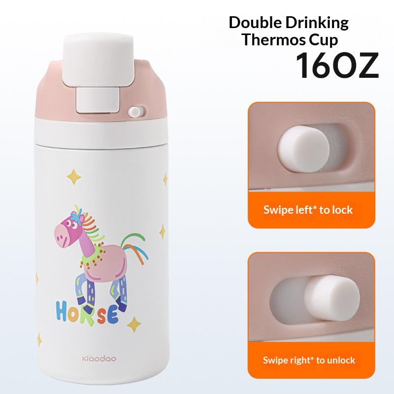 Double Drink Fruit Cup High Aesthetic 304 Stainless Steel Thermos Cup Cartoon Water Bottle For Students With Straw And Jump Lid