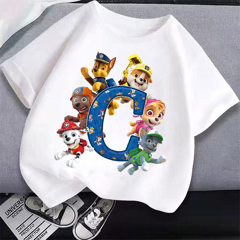 Cute PAW Patrol T-shirt Letter A-Z Boys Girls Clothes Short Sleeve Summer Cartoon Kids Birthday Toddler Cotton Outdoor Wear Gift