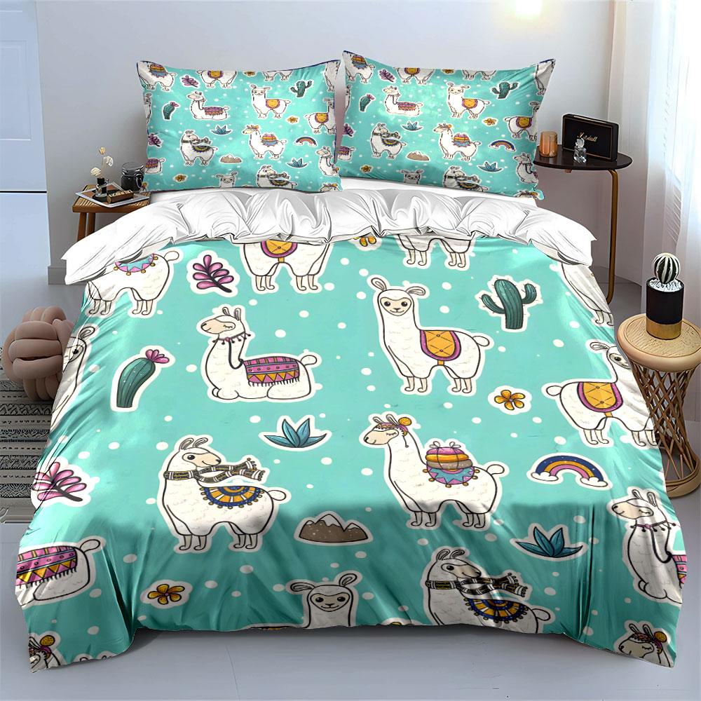 Cute Llama Cactus Rainbow Print Bedding Duvet Cover Set  (1*Duvet Cover 2*Pillowcases, Without Duvet Insert)