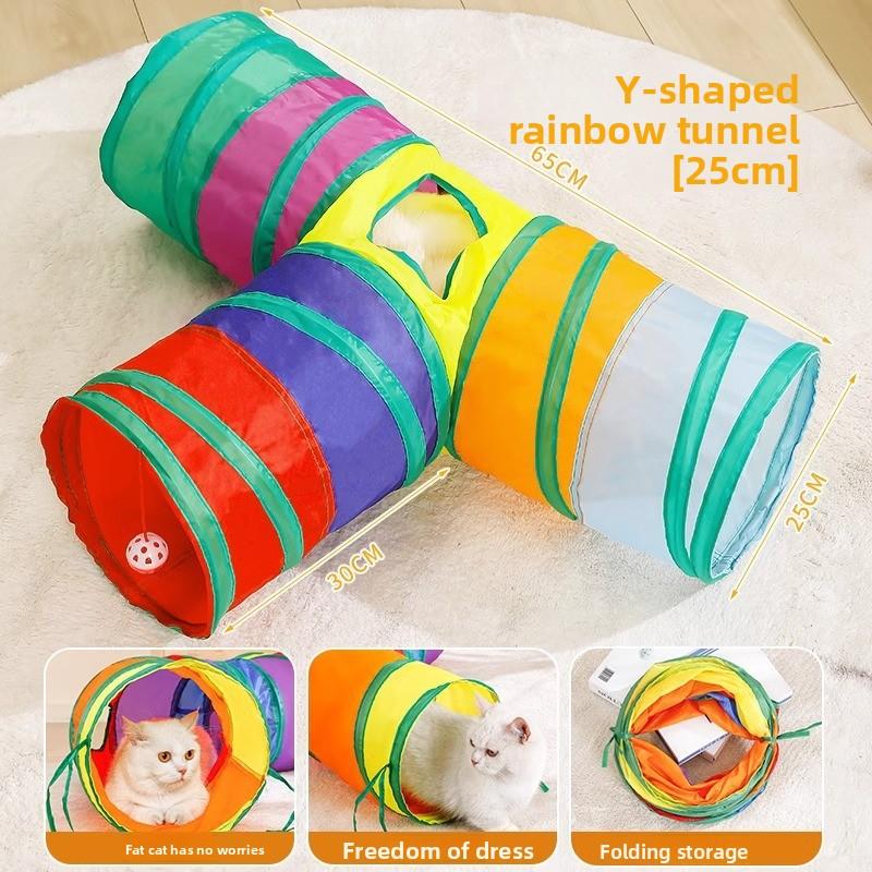 Foldable Rainbow Cat Tunnel 3-Way Interactive Pet Toy - Large Y-Shape Collapsible Play Tube for Kittens & Small Animals