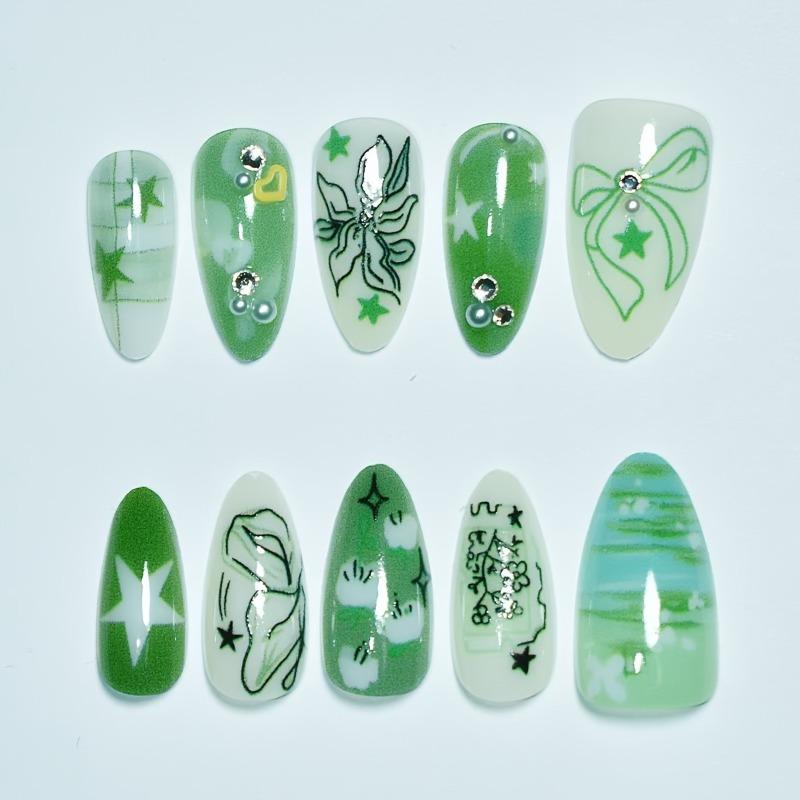 Nouveau lot de 10 faux ongles press-on faits main Art des ongles vert amande Pointe d'ongle artificielle Motif papillon de l'océan et fleur Ensemble de faux ongles Manucure pour filles