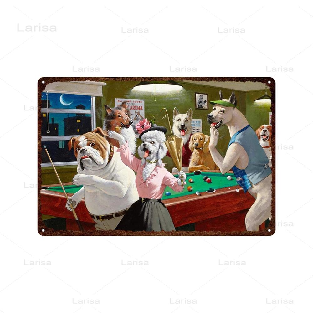 Dogs Playing Poker Game Metal Plaque Animals Playing Billiards Tin Sign Garage Club Wall Pub Tin Sign Vintage Metal Posters