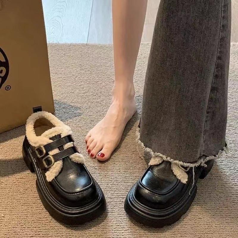Winter Women's Mary Jane Shoes Chunky Sole Thick Fleece-lined Loafers Vintage Plush Warm Cotton Women's Shoes Zapatos Para Mujer