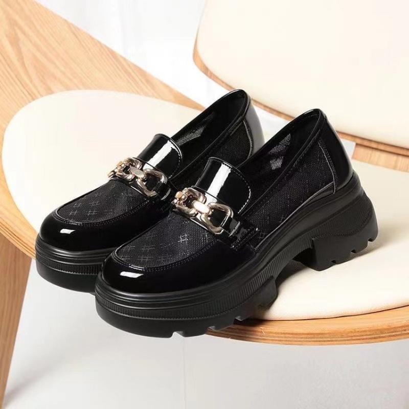 Autumn New Round Toe Thick Sole Comfortable Non-Tiring Foot Hollow Mid Heel Breathable Casual Daily Versatile Fashion Loafers