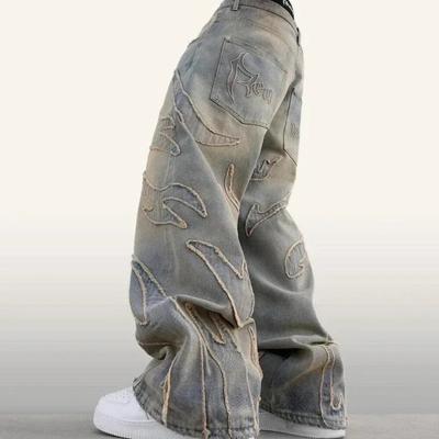 BeatStreet American New Fashion Patch Baggy Casual Jeans for Men and Women Y2K High Street Harajuku High Waist Wide Leg Denim Trousers