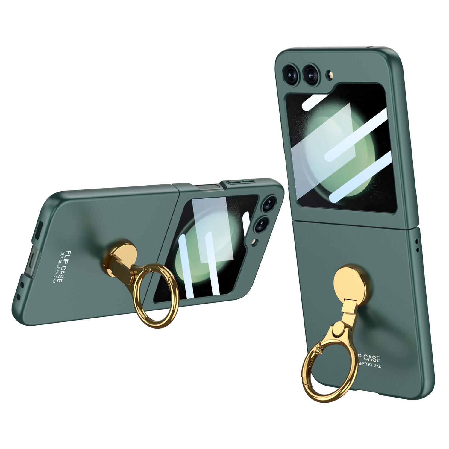 

Ультратонкий жесткий противоударный чехол для телефона Samsung Galaxy Z Flip 5 с защитным кольцом для экрана и держателем-кронштейном For Galaxy Z Flip 5 зелёный
