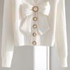 Women's Bowknot Long Sleeved Cardigans Single Breasted Autumn Ladies' Clothing White V-neck Tops for Female