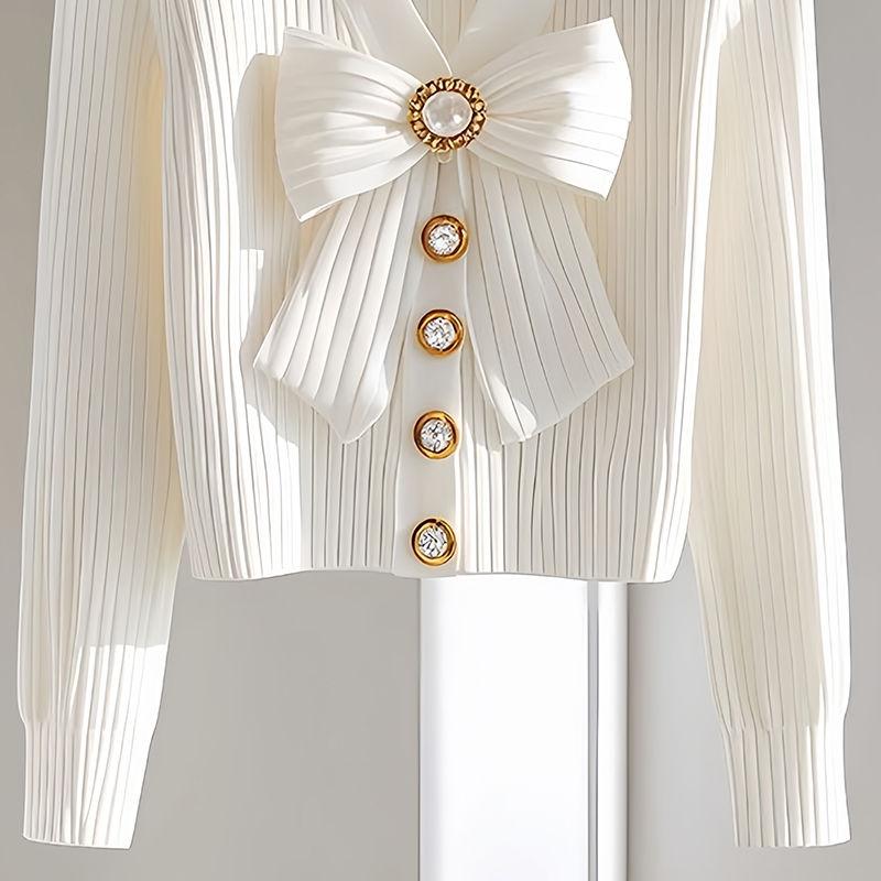 Women's Bowknot Long Sleeved Cardigans Single Breasted Autumn Ladies' Clothing White V-neck Tops for Female