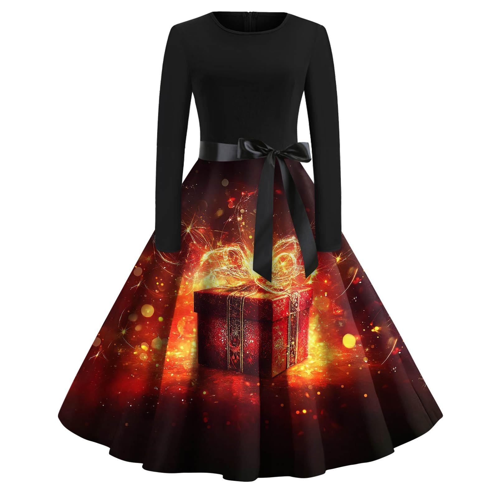 

Женские повседневные модные длинные платья с рождественским графическим принтом и длинными рукавами в винтажном стиле M золотой