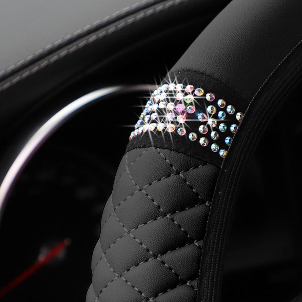 Bling Car Steering Wheel Cover, 15 Inch Rhinestones Soft Leather Elastic Steering Wheel Protector, Sparkly Crystal Diamond For Women Girls, Car
