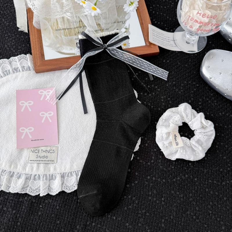 

Cute Boneless Summer Thin Socks with Bow Ties. Children s Sweet Long Ribbons. Lolita Mid-calf Socks with Decorative Ties. 1 pair чорний