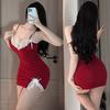 Spice Girl Nightdress Solid Color Slim Fit and Thin Lace Leaking Back Loungewear Open Fork Suspenders Pajamas Low Chest Deep V-neck
