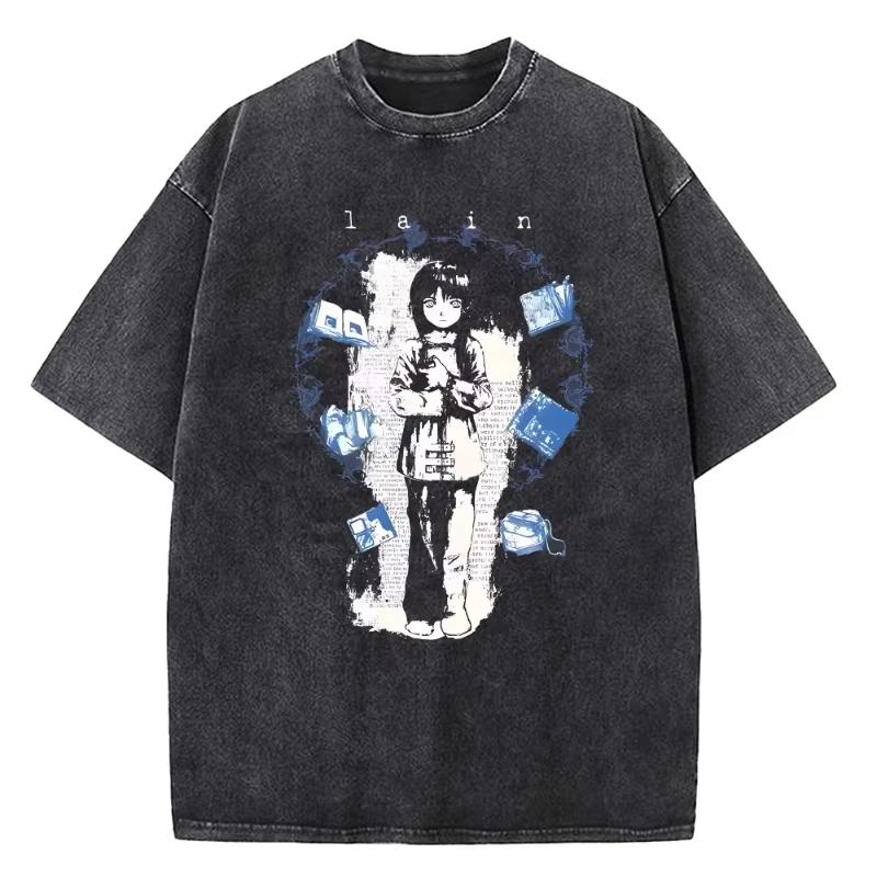 Japanese Anime Serial Experiments Lain Vintage Washed T Shirt High Quality Manga Short Sleeve Fashion T Shirt Women