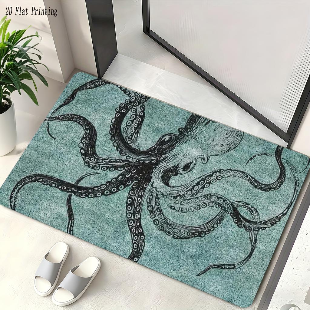 Blue Octopus Artistic Non-Slip Floor Mat Absorbent Washable Decorative Area Rug for Bathroom Shower Wash Basin Toilet