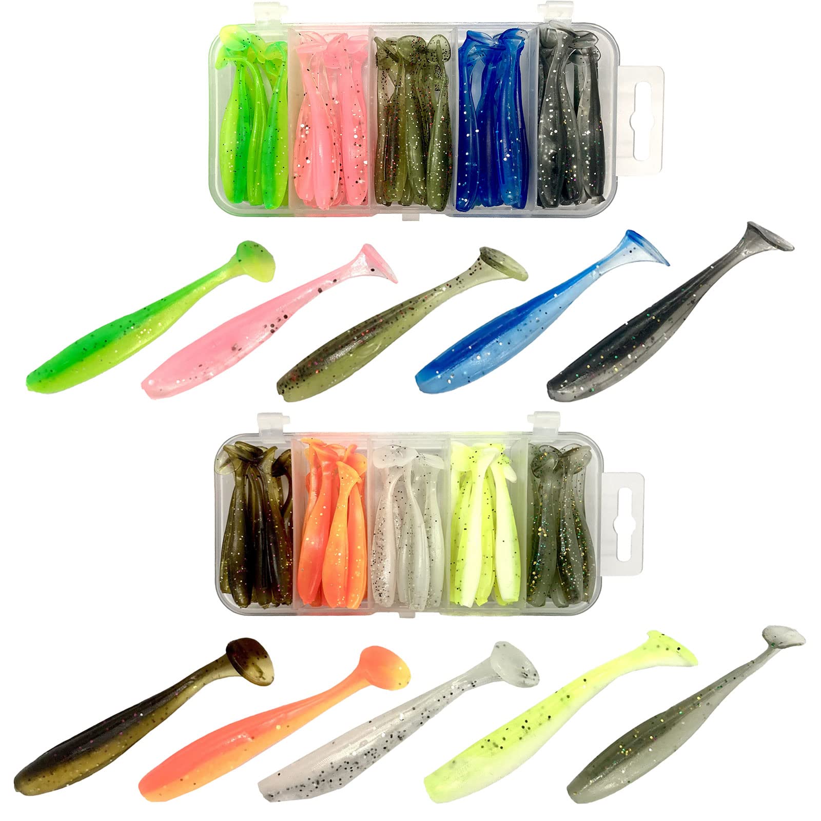Bucht Shad Tail Worms 10 with Worm Ideal for Bass Horse and Black Small Soft 2.2 inch, 100-pack, Colors, Case. Ajing, Mebaring, Fishing, Rockfish,