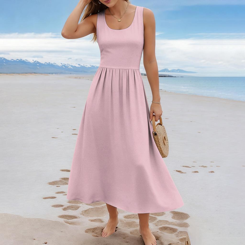 Ärmelloses Langes Freizeitkleid für Damen Sommer Einfarbig Einfach Entspannte Passform Maxikleid für den Alltag Urlaub Büro