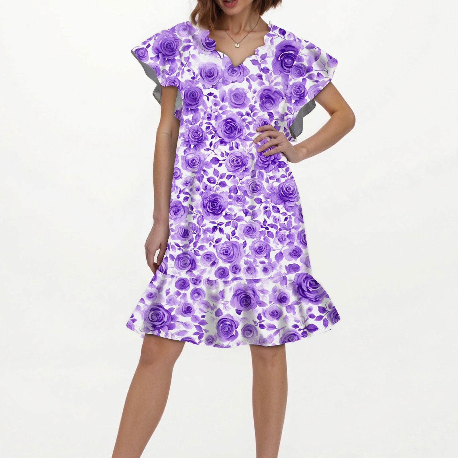 

Женское модное повседневное платье с V-образным вырезом и волнистым краем с цветочным принтом и коротким рукавом XL