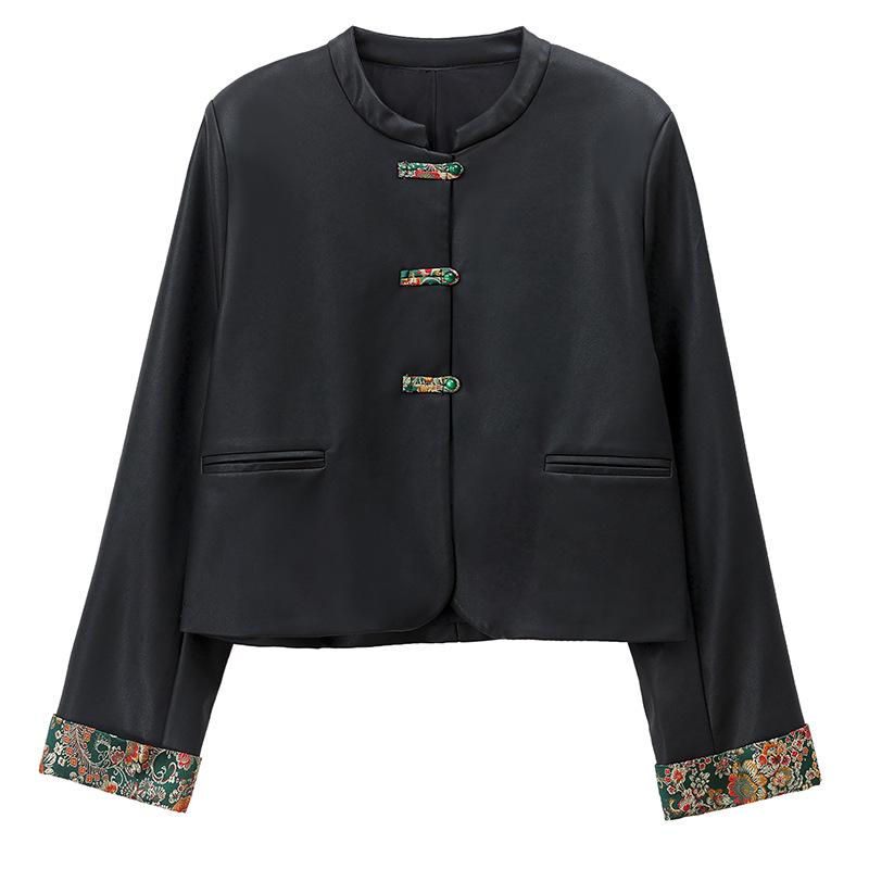 2024 Women's Spring & Autumn Chinese Style Leather Jacket with Frog Buttons