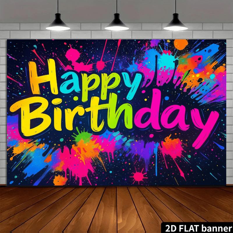 2D plane 1 piece of colorful ink-blurry birthday background curtain. Suitable for indoor use. "Happy Birthday"
