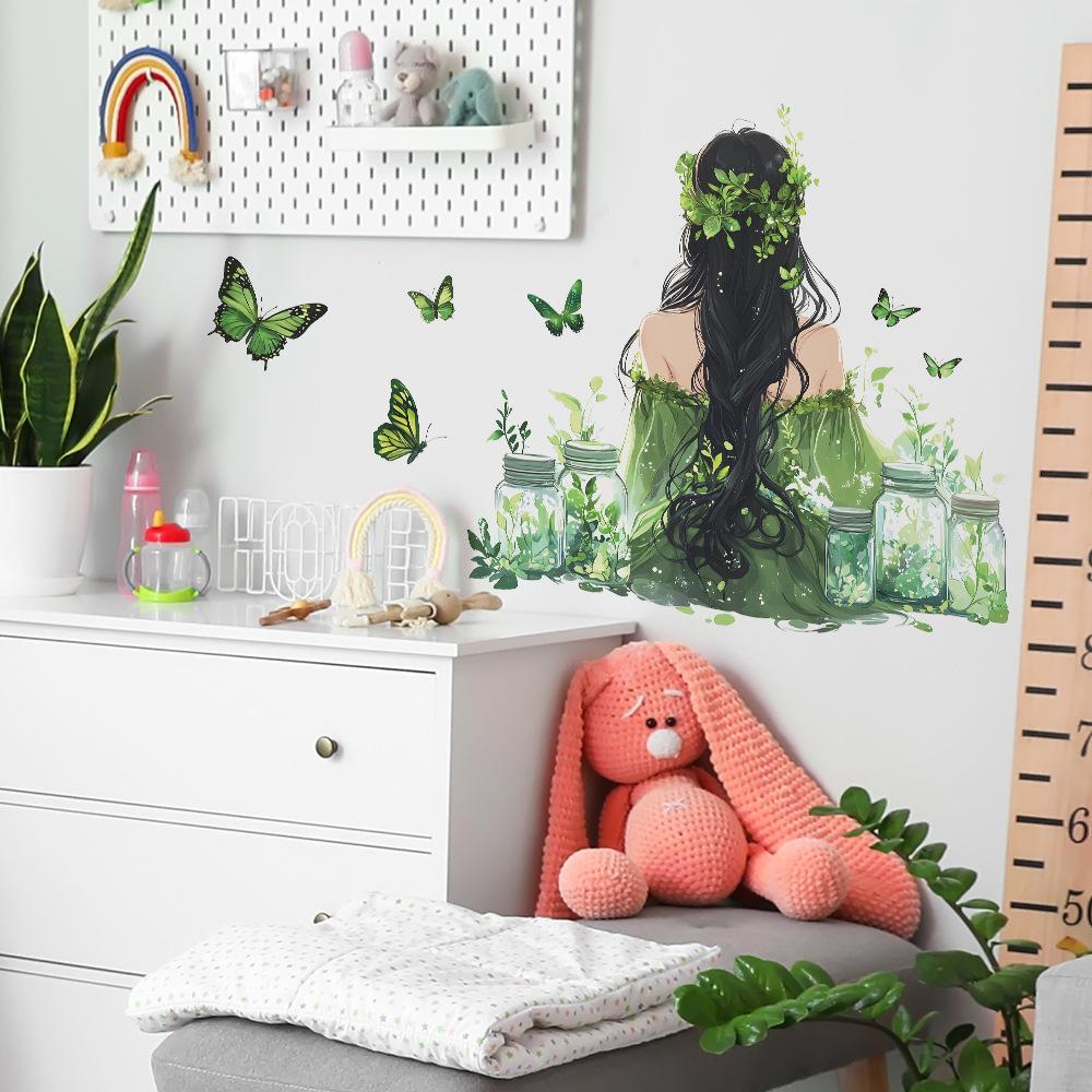 Watercolor Back Girl Butterfly Wall Sticker Living Room Bedroom Home Wall Background Beautification Decorative Wall Sticker Self-adhesive