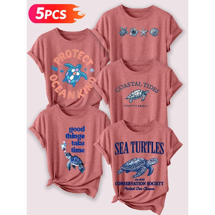 Follow a specific direction Five-piece set of women's short-sleeve tops Ocean Turtle Theme Vintage Print Elegant summer clothing Sleeveless