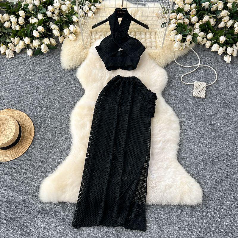 

Сексуальное вязаное крючком летнее платье халтер без спинки половинной длины с вырезами Black All yards