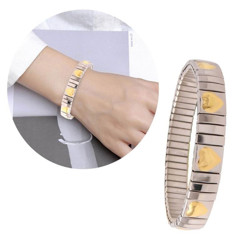 Jewelry Stainless Steel Stretch Bracelet for Women, Flexible Wide Wristband Bangle Bracelets Decorated Golden Pattern