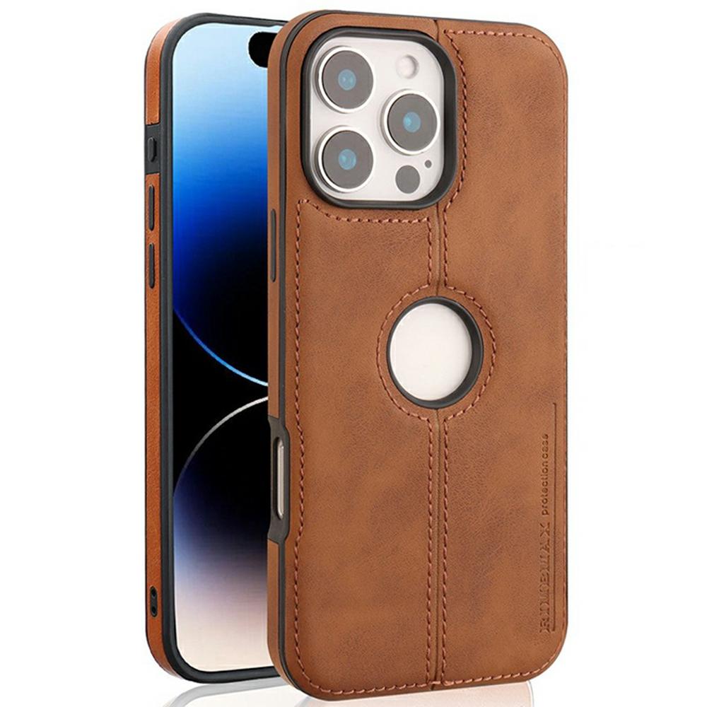 

For iPhone 16 Pro Case Central Axis with Logo Cutout PU Leather+PC Phone Back Cover Light Brown