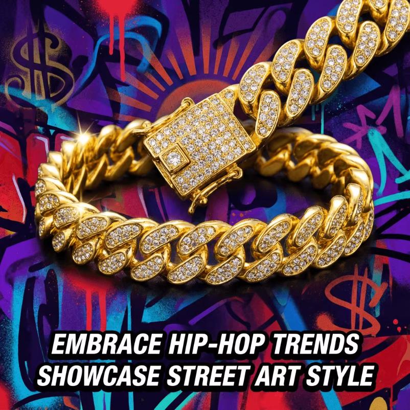 Luxury Hip Hop Dog Collar, Gold Tone Stainless Steel Cuban Chain, Durable Diamond Inlaid Pet Jewelry for Daily Walking