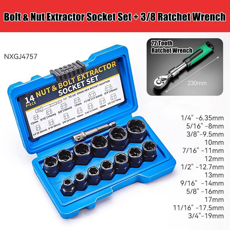 14pcs/set Impact Bolt & Nut Remover Set Cr-Mo Steel Bolt Extractor Tool Set with Solid Storage Case for Industrial Drop Shipping