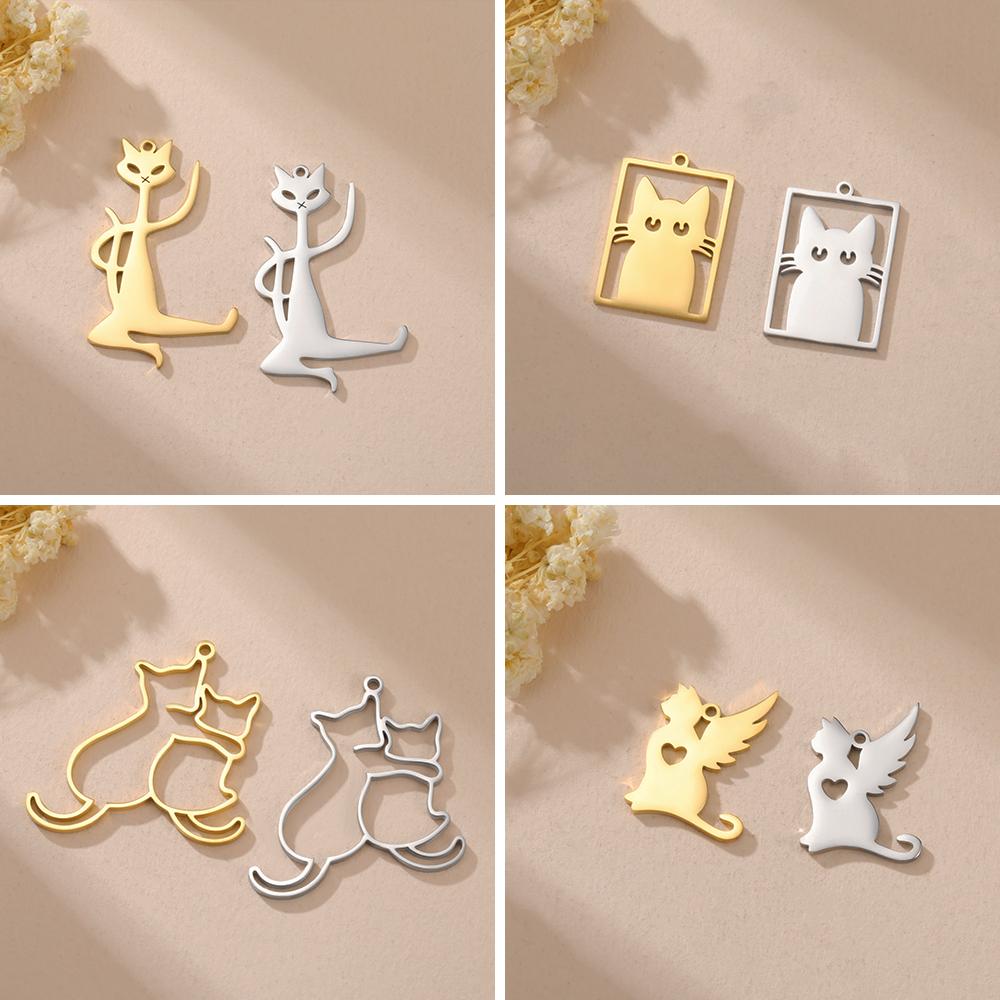 Teamer 3pcs/lot Pet Cat Pendant Gold Color Stainless Steel Kitten Animal Charms for Necklaces Earrings Jewelry Making Wholesale